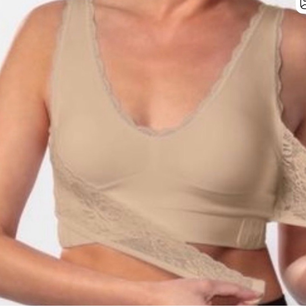 Cara Mia Seamless Lace Crossover Comfort Bra, Nude/Beige,  Size Med